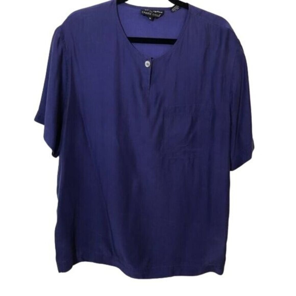 Carole Little Vintage‎ 100% Silk Blouse Royal Purple Short Sleeve Top Size 10